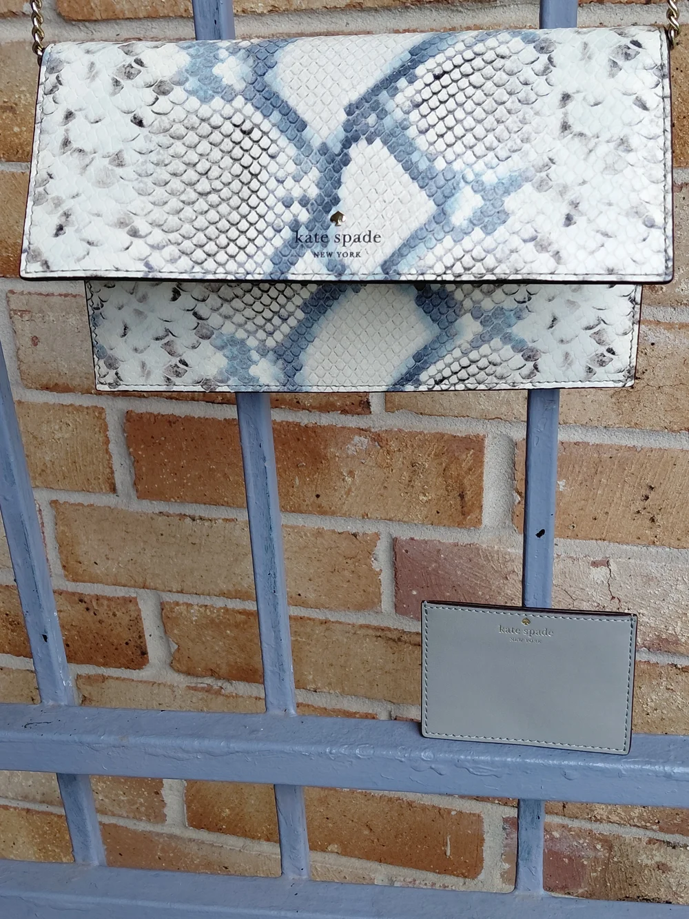 kate spade White and Light Blue Snake-Print Crossbody with Gold Chain